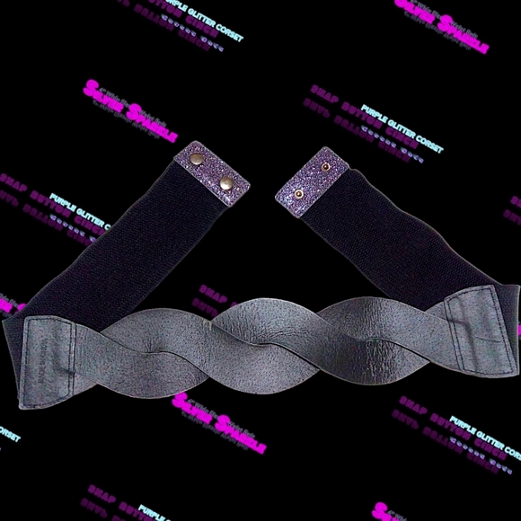 Glitter Poppin Purple Glimmer Stretchy Silver Shimmer Snap Button Cinch Belt | L - Picture 9 of 17